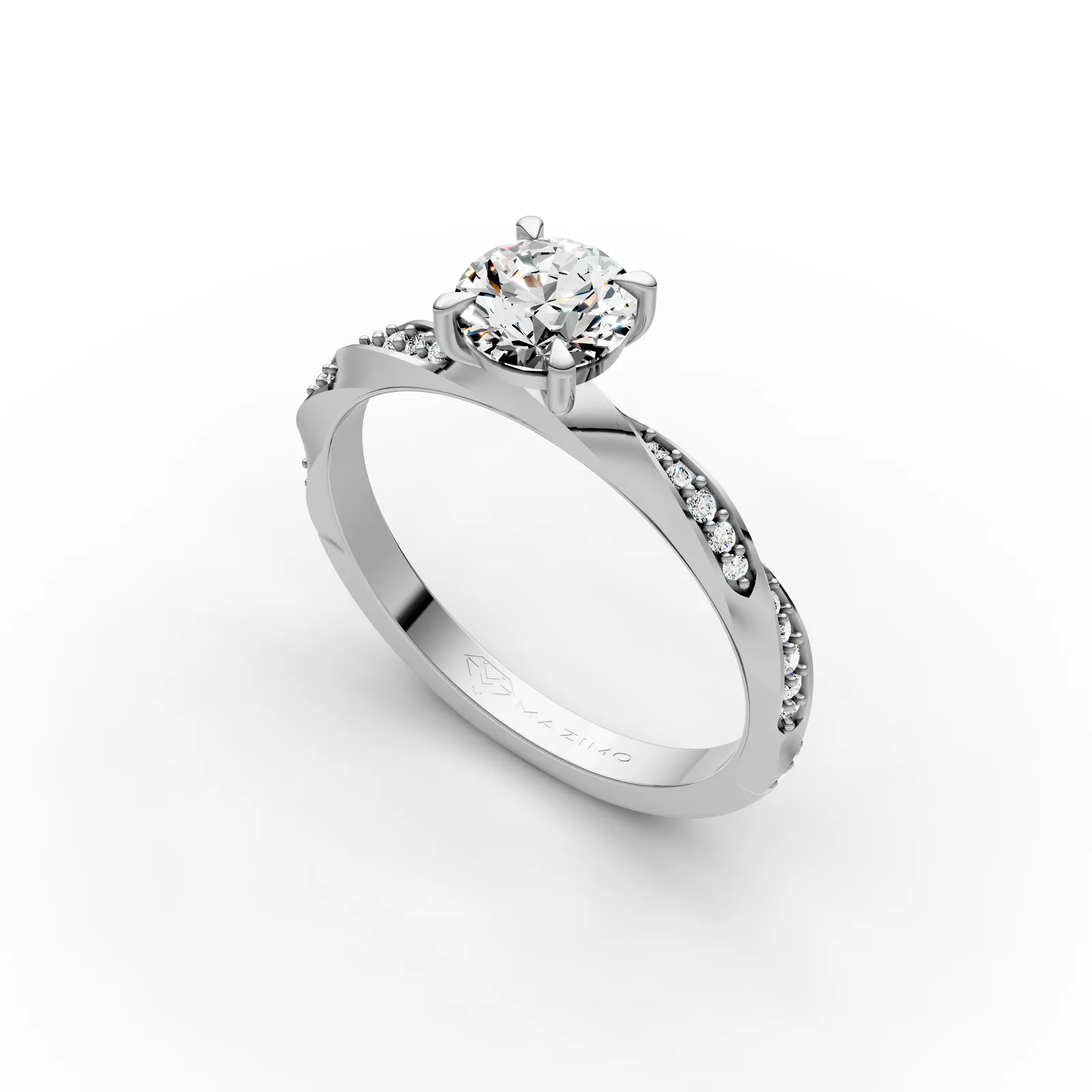 Round Twist Pavé Solitaire Ring in 18K White Gold, 1 ct round diamond in four claws on a twisting band set with small diamonds, angled view