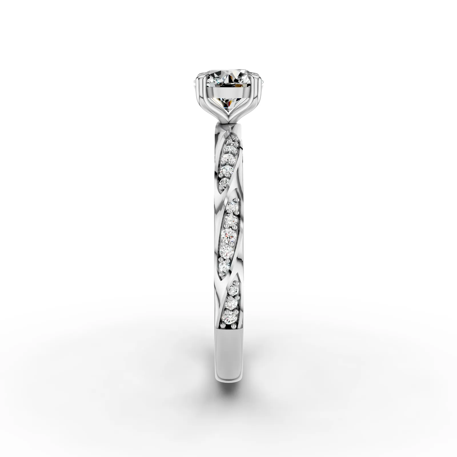 Round Twist Pavé Solitaire Ring in 18K White Gold, 1 ct round diamond in four claws on a twisting band set with small diamonds, side profile
