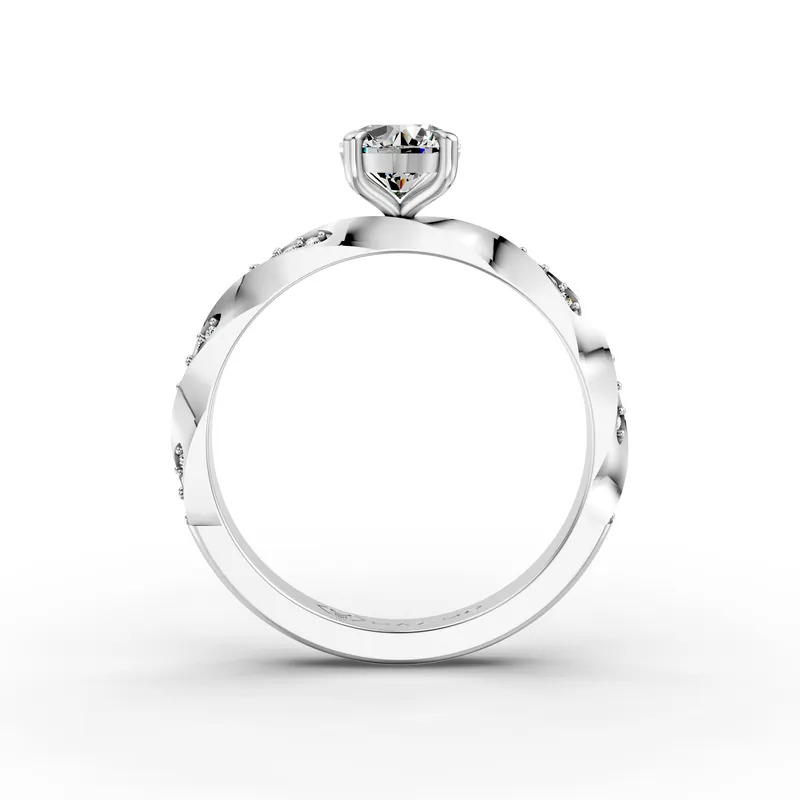 Round Twist Pavé Solitaire Ring in 18K White Gold, 1 ct round diamond in four claws on a twisting band set with small diamonds, front view