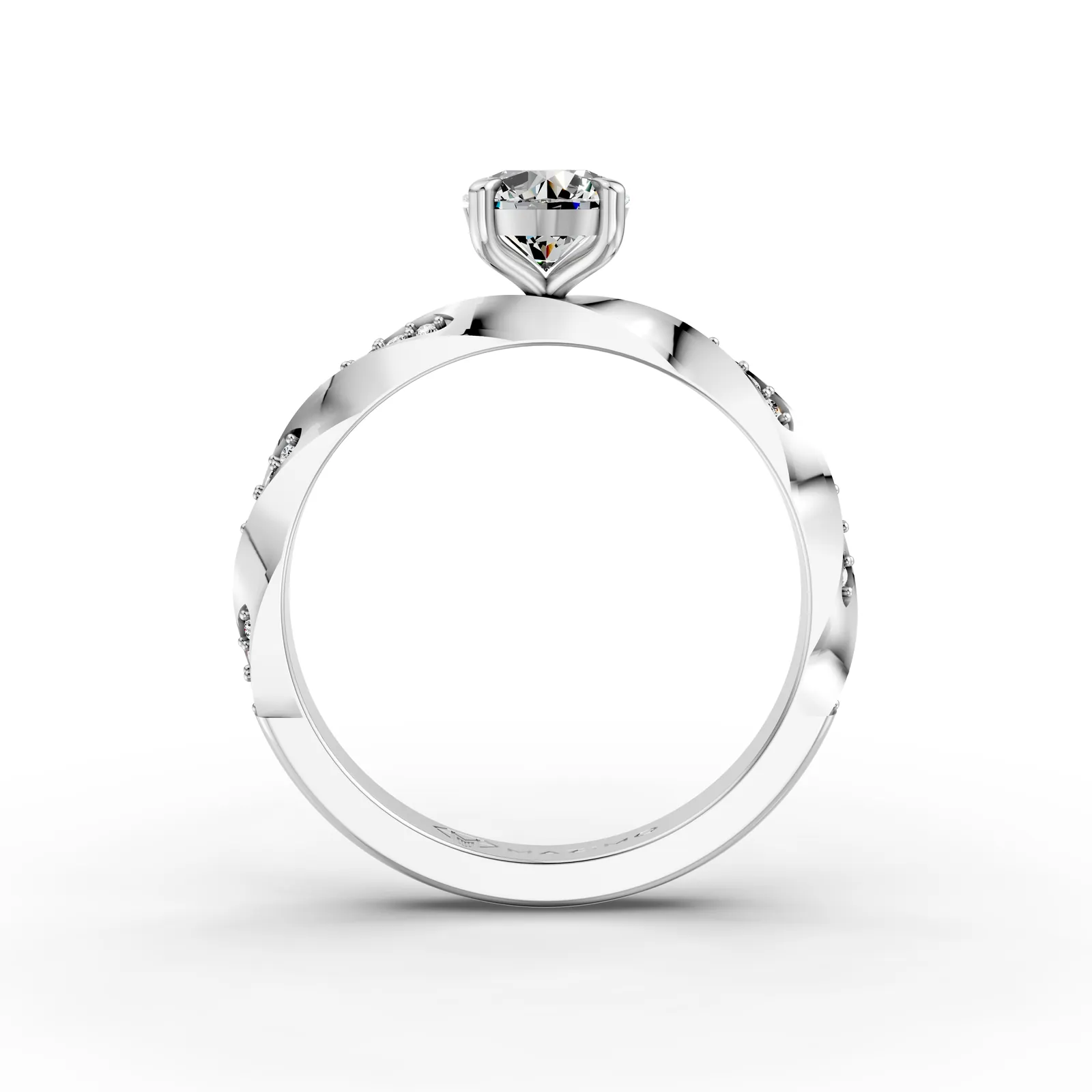 Round Twist Pavé Solitaire Ring in 18K White Gold, 1 ct round diamond in four claws on a twisting band set with small diamonds, front view