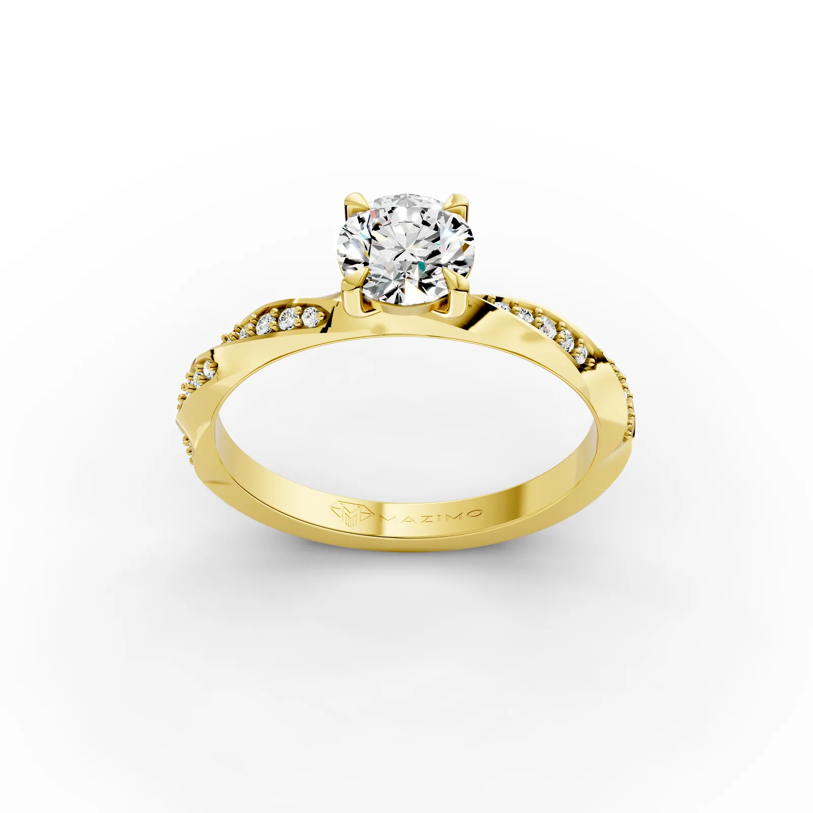 Round Twist Pavé Solitaire Ring in 18K Yellow Gold, 1 ct round diamond in four claws on a twisting band set with small diamonds, three-quarter view