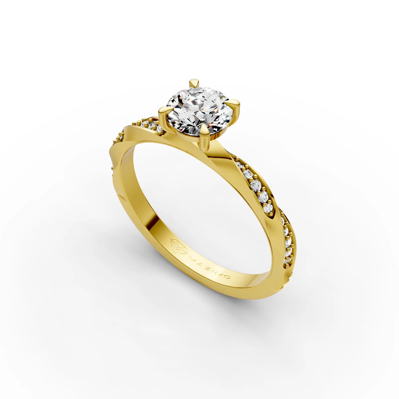 Round Twist Pavé Solitaire Ring in 18K Yellow Gold, 1 ct round diamond in four claws on a twisting band set with small diamonds, angled view
