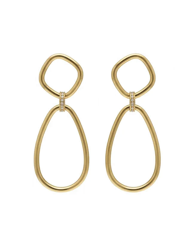 18K gold geometric drop earrings worn on ear, featuring a modern open oval design with a polished Italian finish, weighing 9.80 grams.