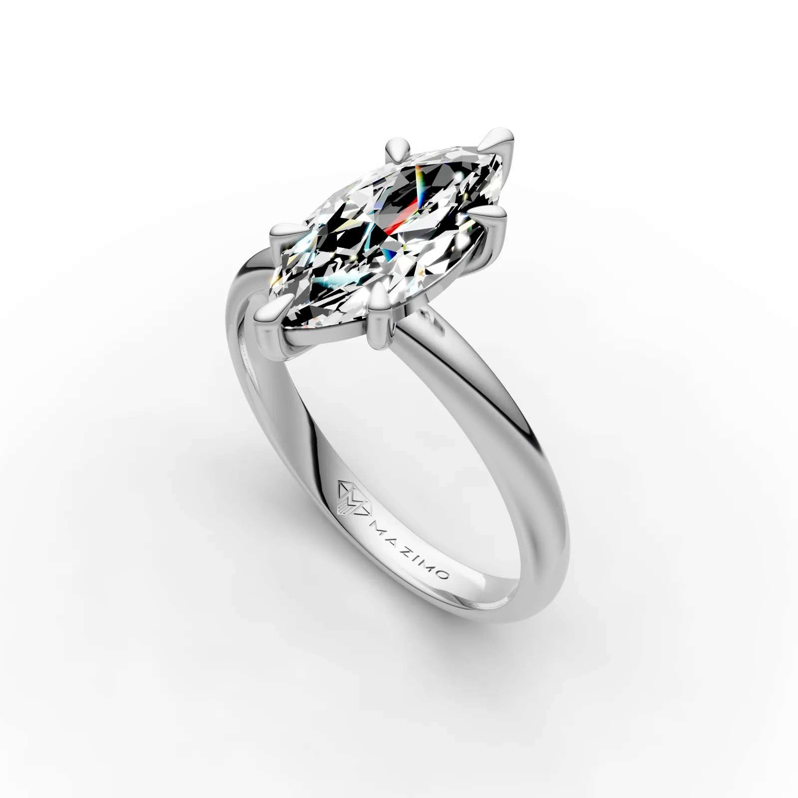 Slim Marquise Solitaire Ring in 18K White Gold, angled view