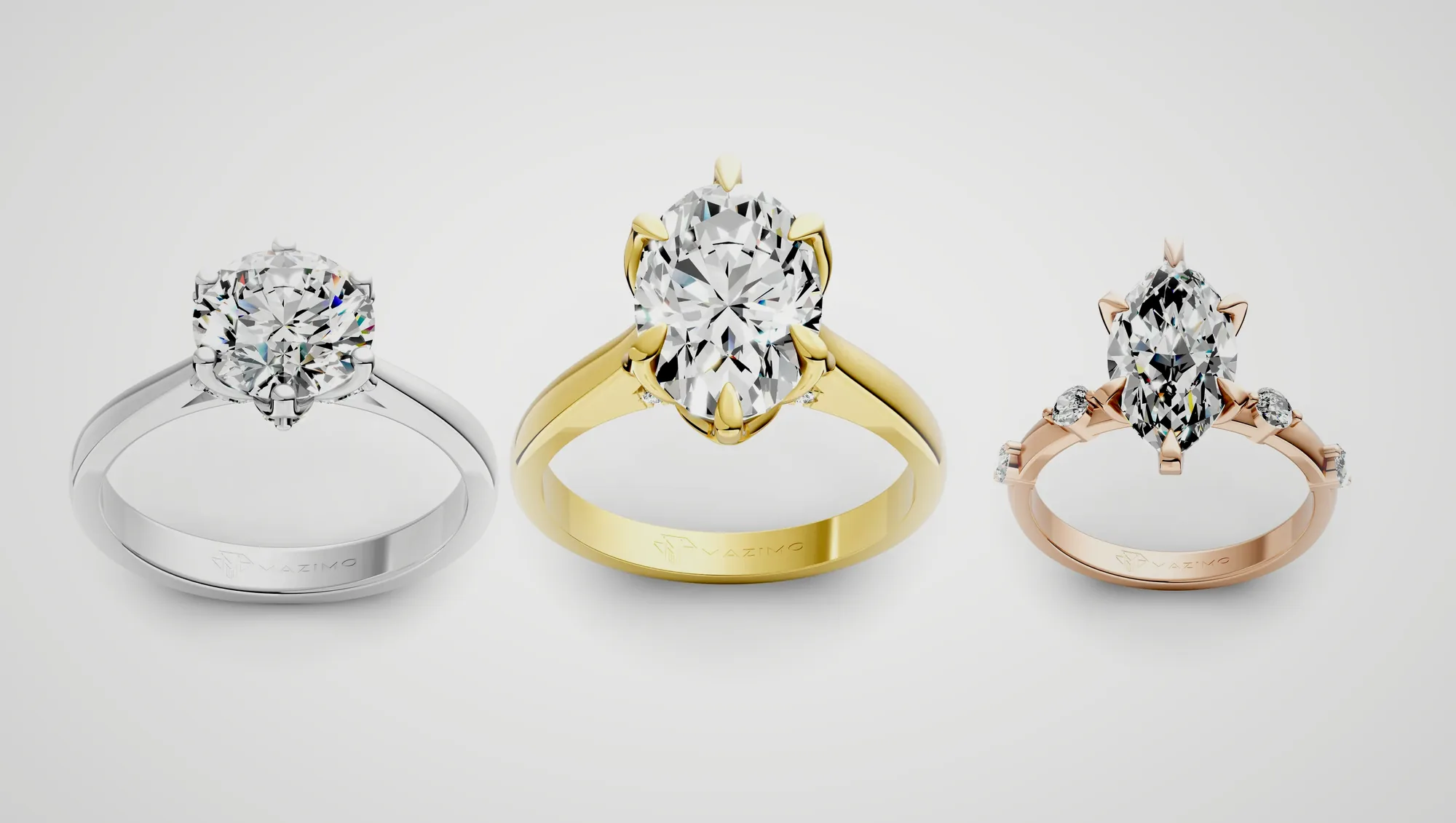 Three Mazimo diamond rings in white, yellow and rose gold: Round Six Claw Solitaire Ring, Oval Tulip Pavé Solitaire Ring and Marquise Side Stone Ring