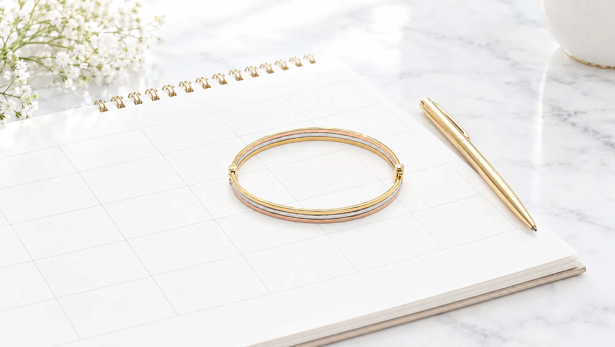 A slim 18K gold bangle resting on an open paper calendar on white marble, with a gold pen