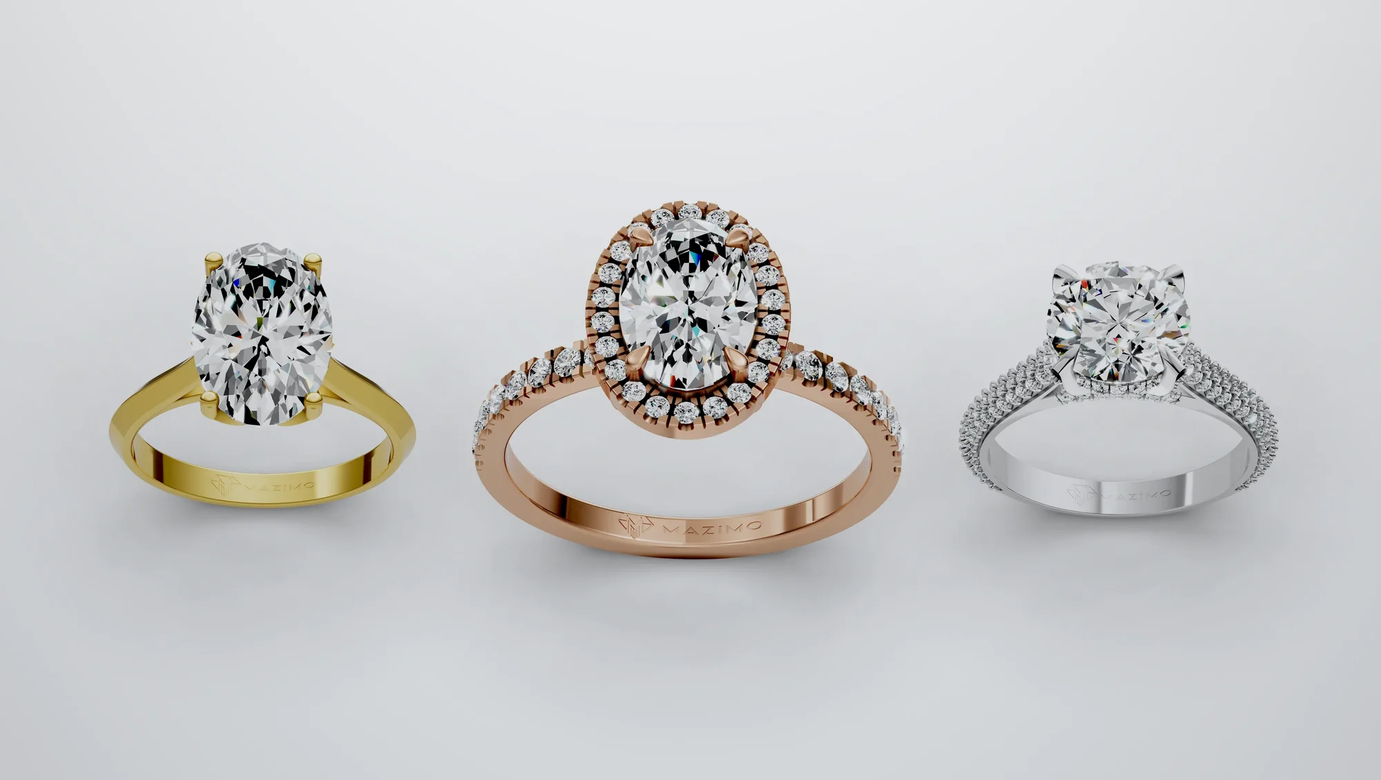 Three Mazimo diamond rings in white, yellow and rose gold: Oval Solitaire Ring, Oval Halo Pavé Ring and Round Pavé Solitaire Ring