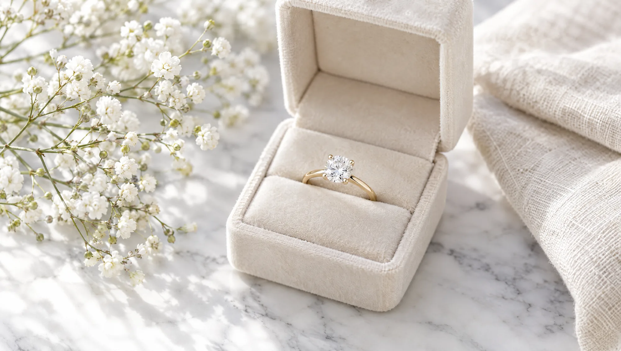 A round diamond solitaire in yellow gold in an open ivory ring box, with white gypsophila on marble