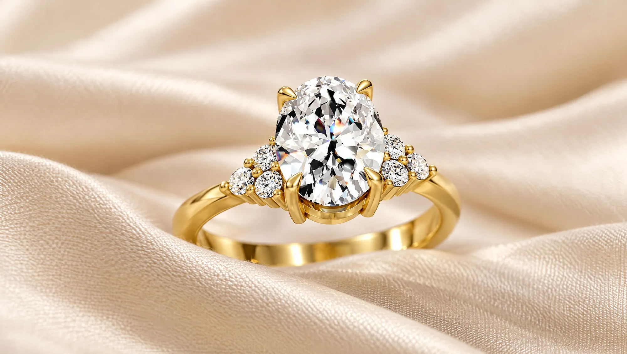 Yellow gold oval diamond ring with three small round diamonds on each side, resting on cream silk