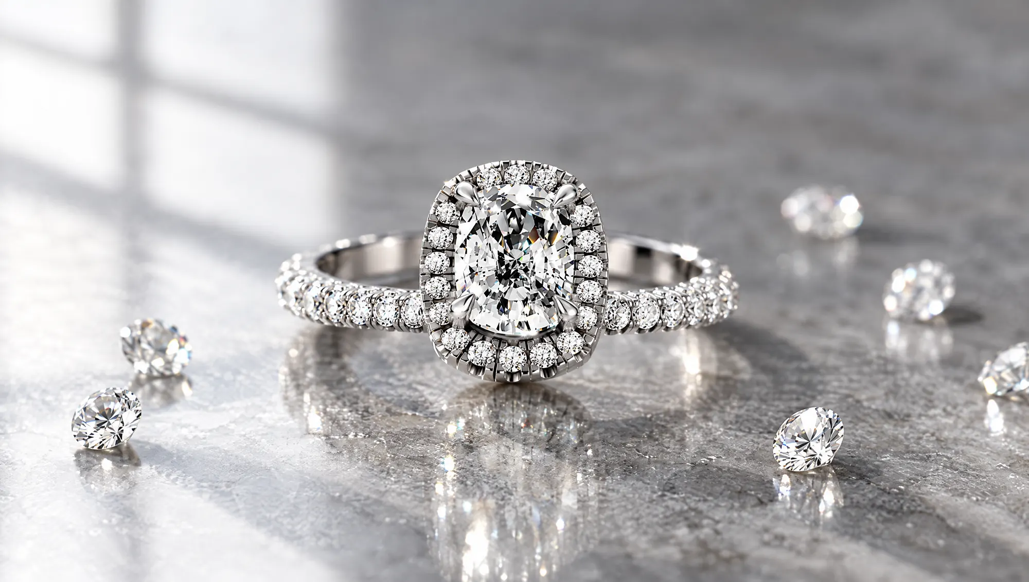 White gold elongated cushion-cut diamond halo ring on grey stone with small loose diamonds scattered around it