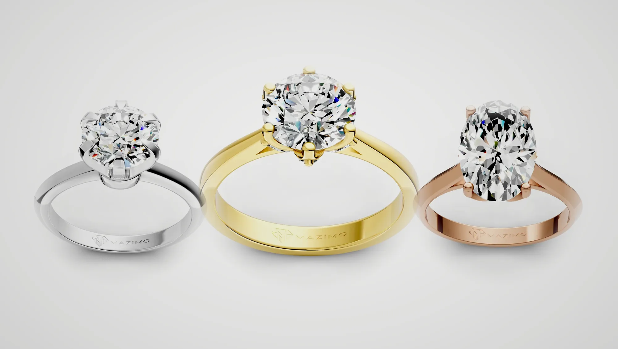 Three Mazimo diamond rings in white, yellow and rose gold: Round Solitaire Ring, 2 ct, Round Six Claw Solitaire Ring and Oval Solitaire Ring, 3.5 ct