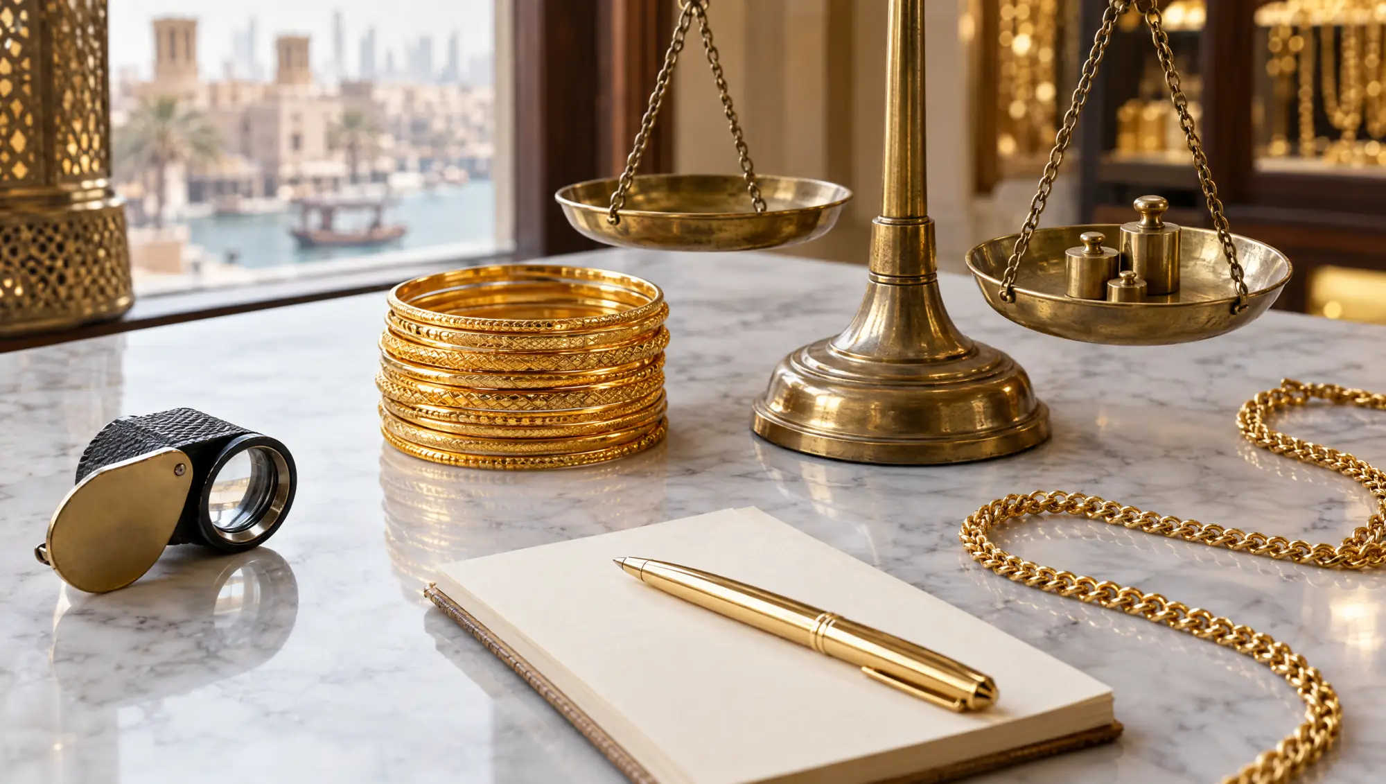 كومة أساور رقيقة من الذهب الأصفر بجانب ميزان نحاسي بكفتين وأوزان صغيرة، وعدسة مكبرة ودفتر ملاحظات فارغ وسلسلة ذهبية