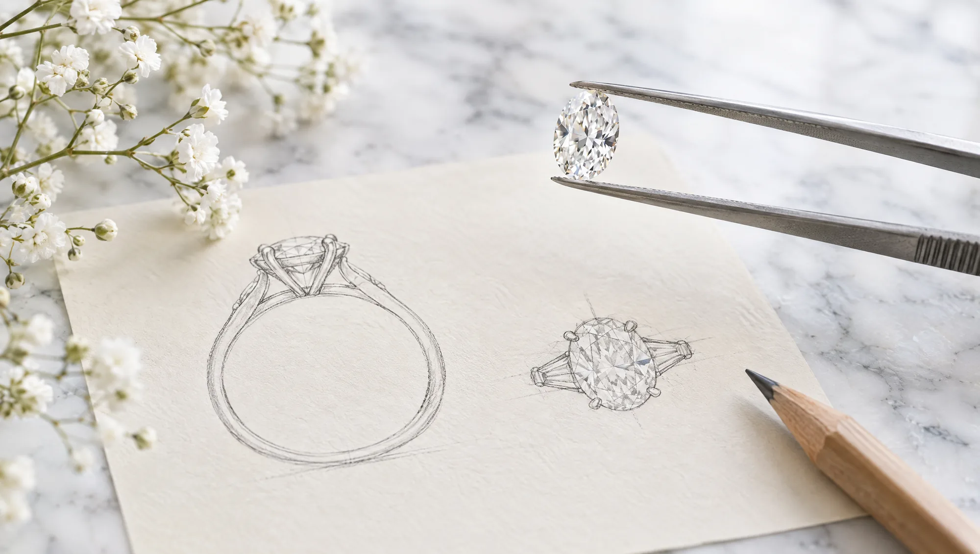 A pencil sketch of an engagement ring on cream paper beside a loose oval diamond held in steel tweezers