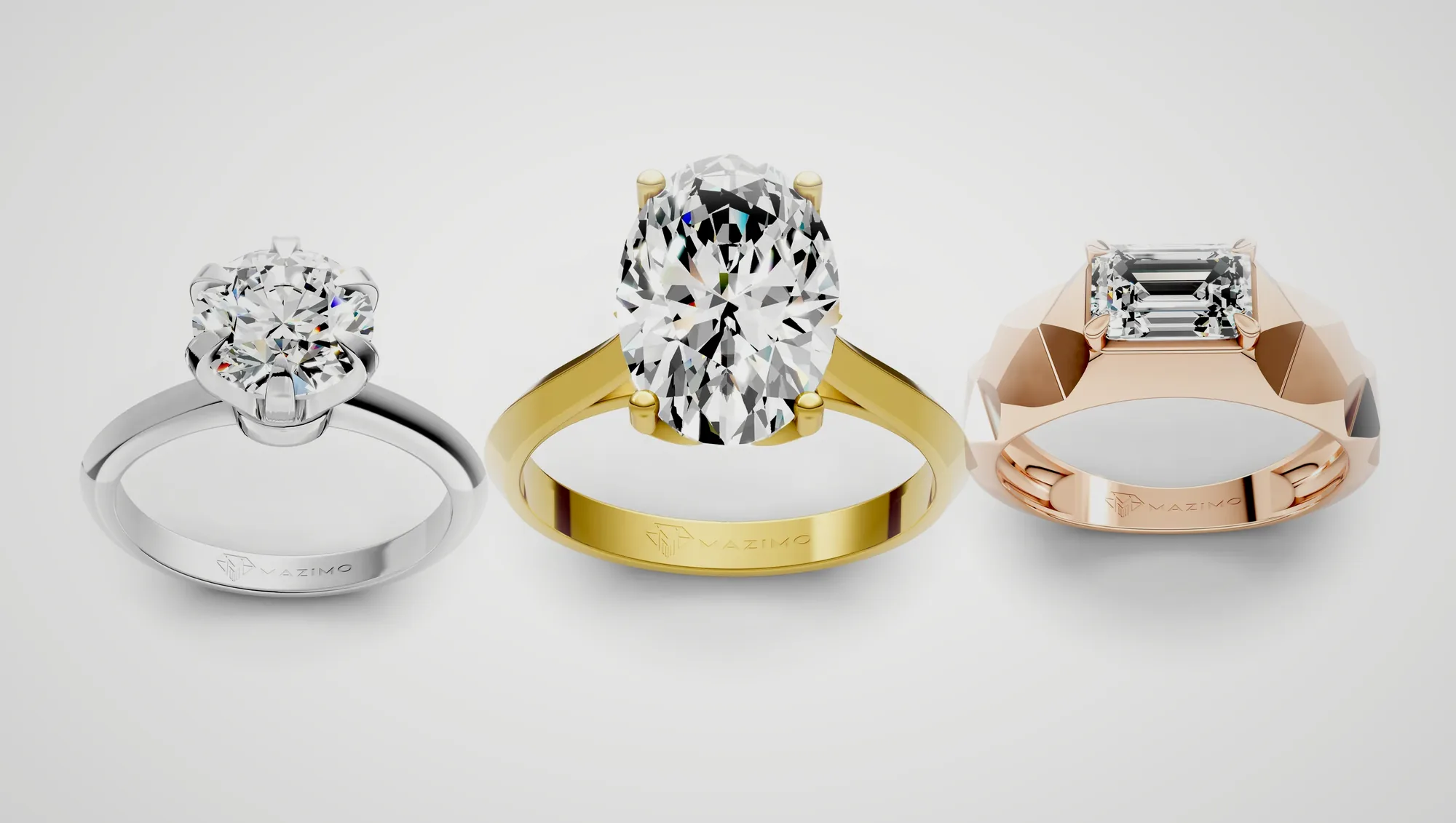 Three Mazimo diamond rings in white, yellow and rose gold: Round Solitaire Ring, 2 ct, Oval Solitaire Ring, 3.5 ct and Emerald Faceted Ring