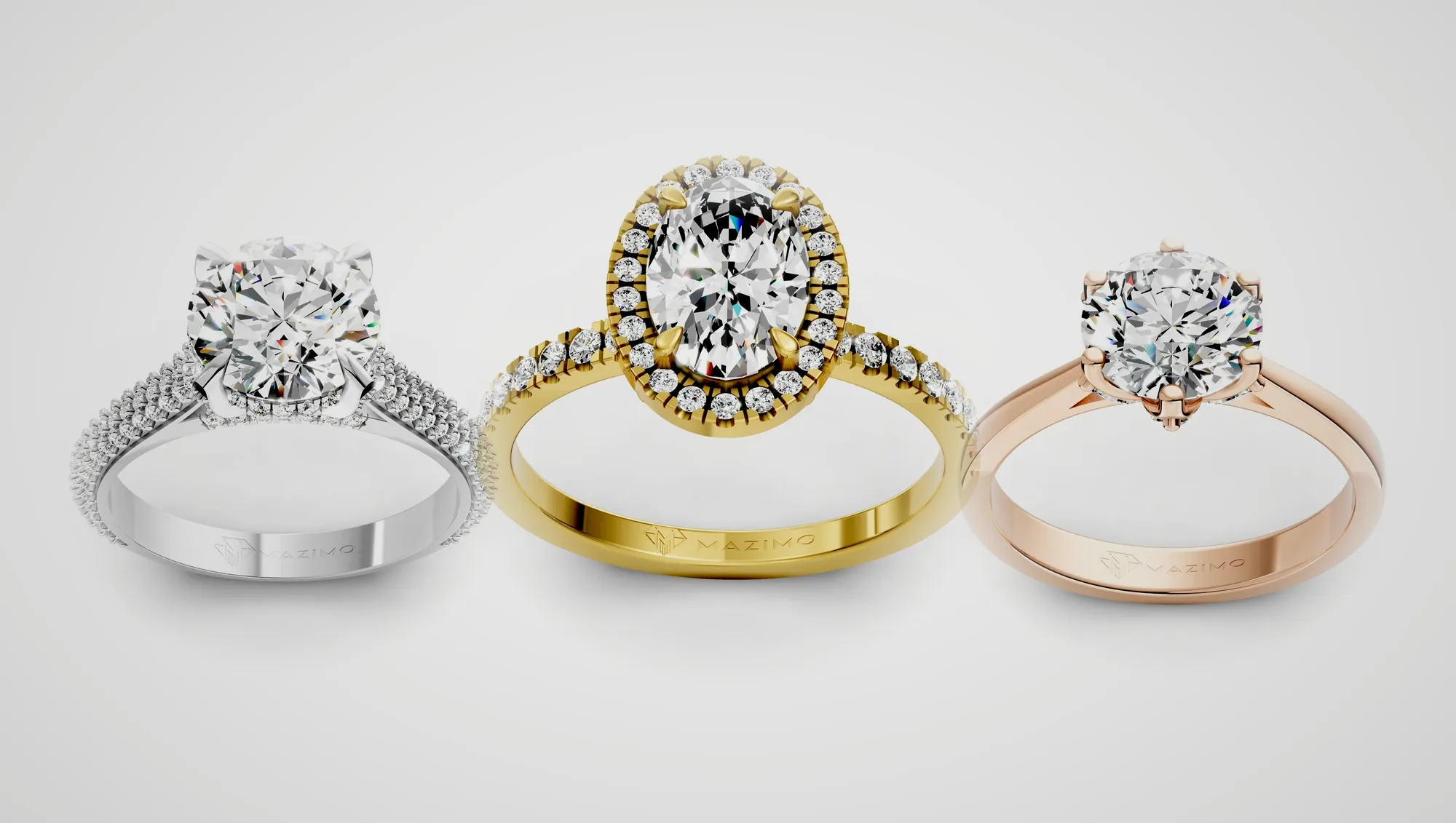 Three Mazimo diamond rings in white, yellow and rose gold: Round Pavé Solitaire Ring, Oval Halo Pavé Ring and Round Six Claw Solitaire Ring