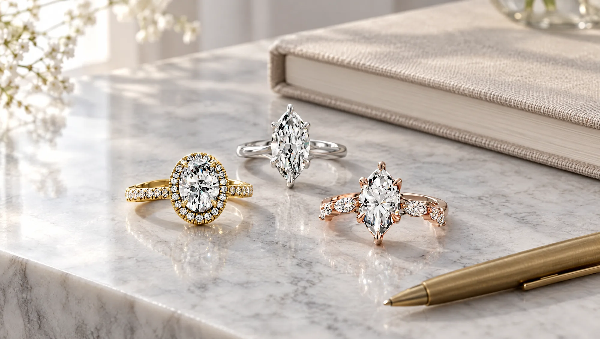 Three diamond rings in yellow, white and rose gold on grey marble beside a linen notebook and a brass pen