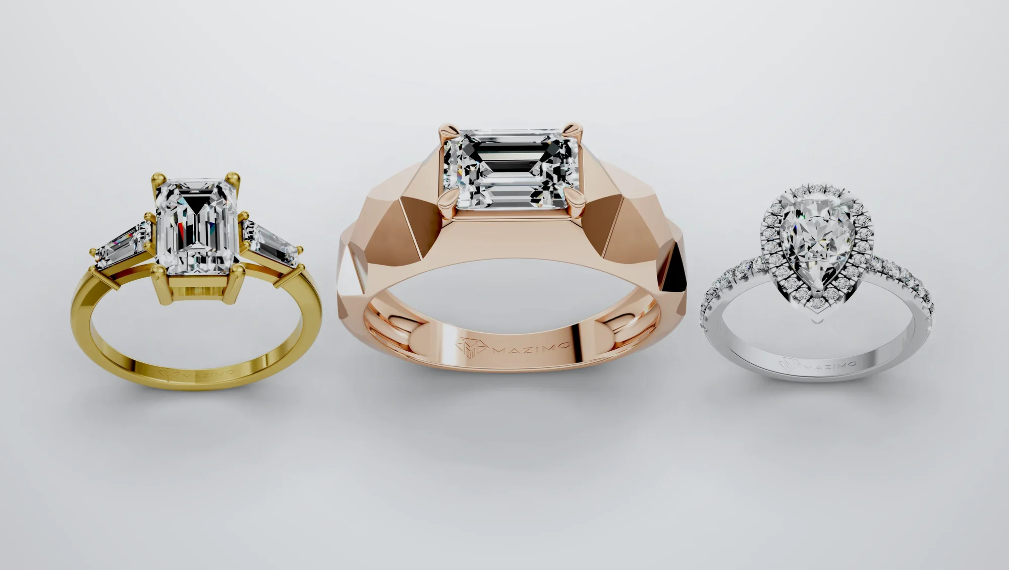 Three Mazimo diamond rings in white, yellow and rose gold: Emerald and Baguette Three Stone Ring, Emerald Faceted Ring and Pear Halo Pavé Ring