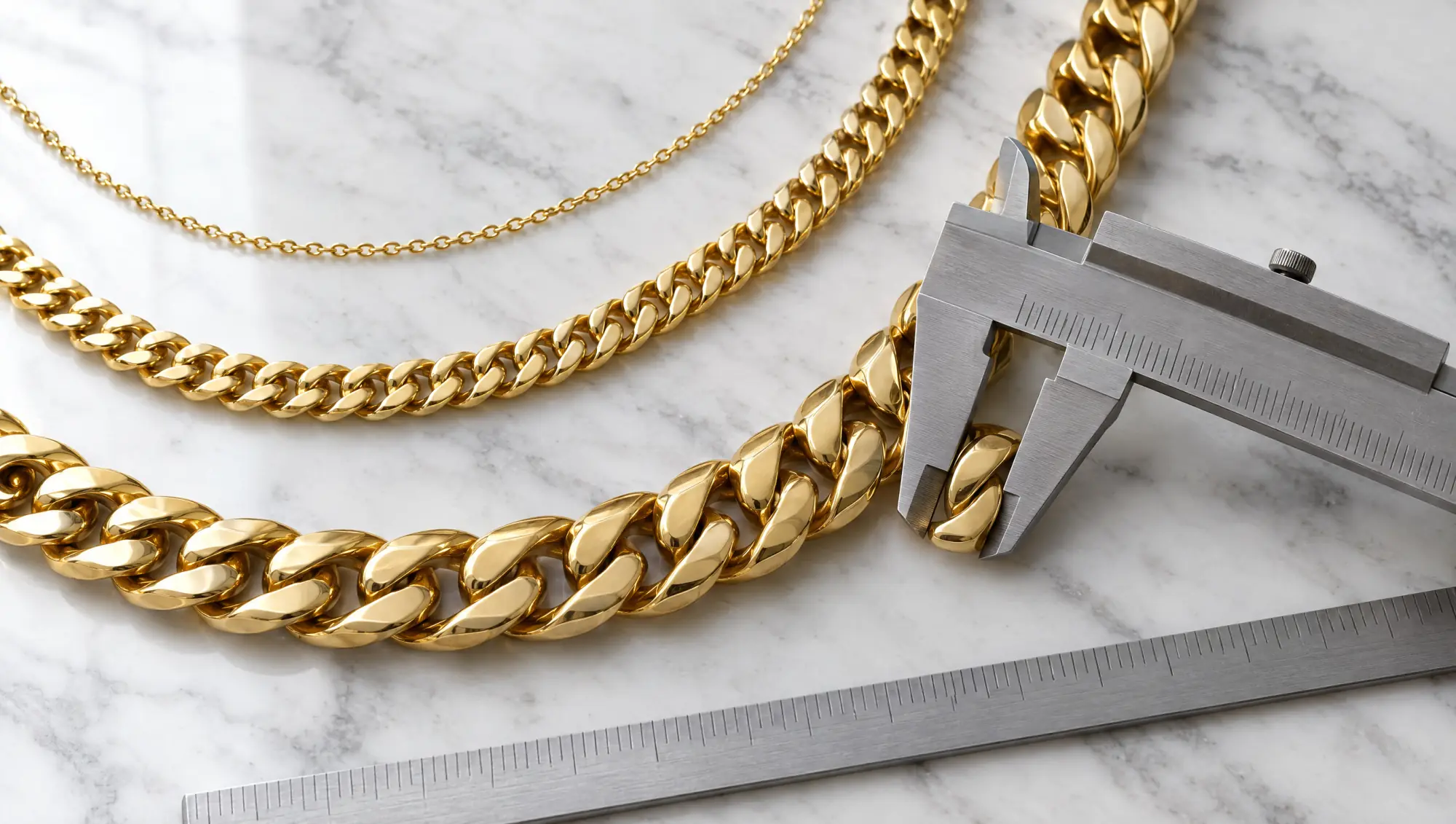 Fine, medium and thick gold chains on white marble with a steel vernier caliper clamped on one link and a ruler below