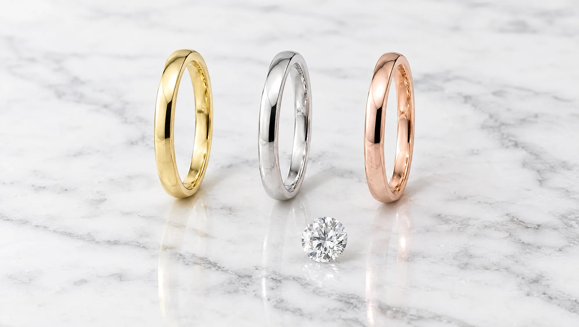 Three plain 18K gold rings in yellow, white and rose gold with a loose round diamond on marble