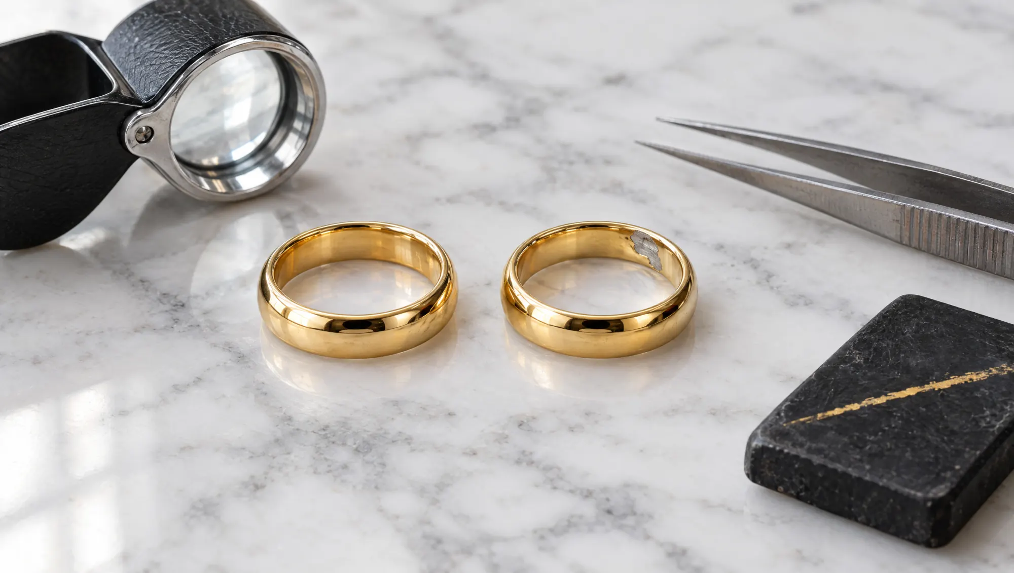 Two plain yellow gold wedding bands on white marble, one with a worn patch showing grey metal, beside a loupe and touchstone