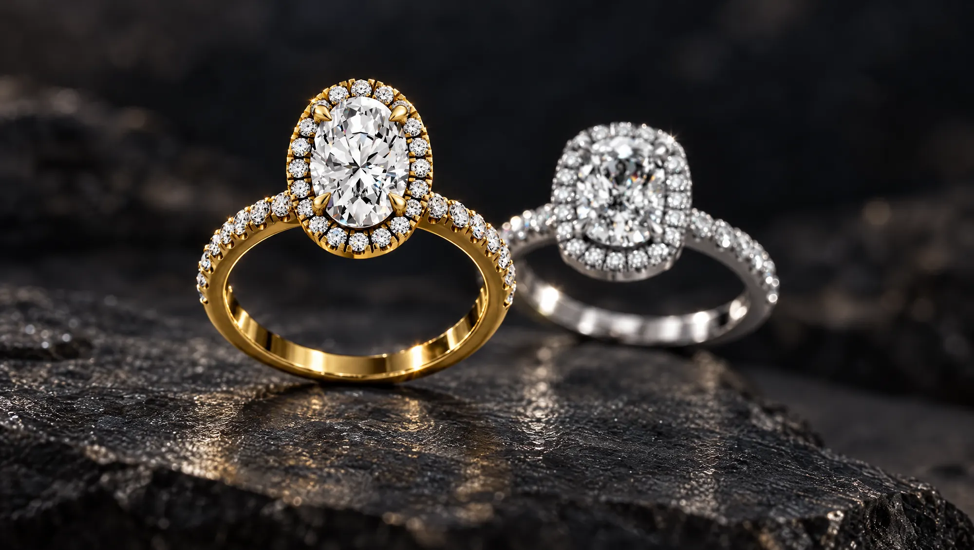 Yellow gold oval diamond halo ring on dark slate with a white gold cushion halo ring blurred behind it