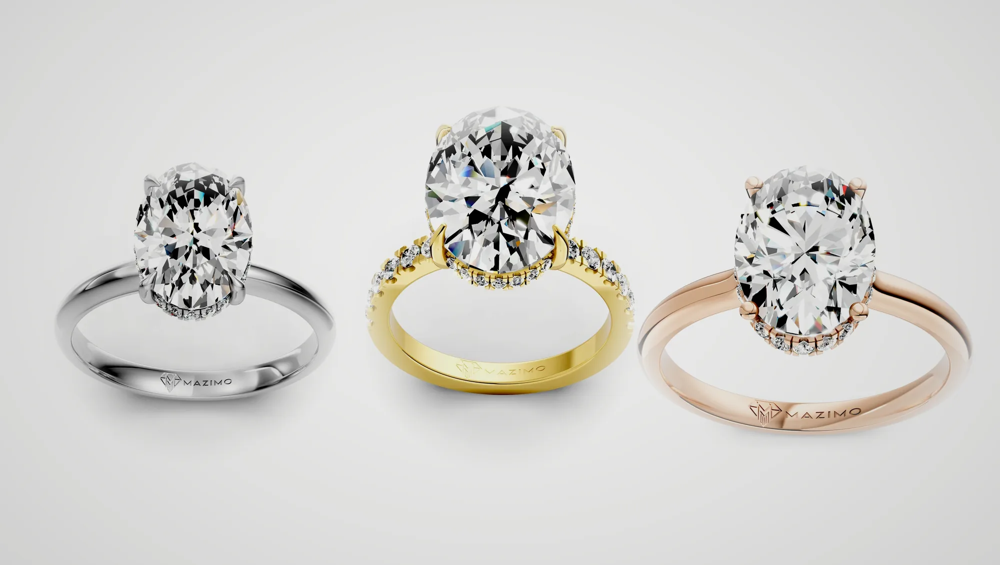 Three Mazimo diamond rings in white, yellow and rose gold: Oval Hidden Halo Solitaire Ring, Oval Pavé Hidden Halo Ring (5.5 ct) and Oval Hidden Halo Solitaire Ring (1.5 ct)
