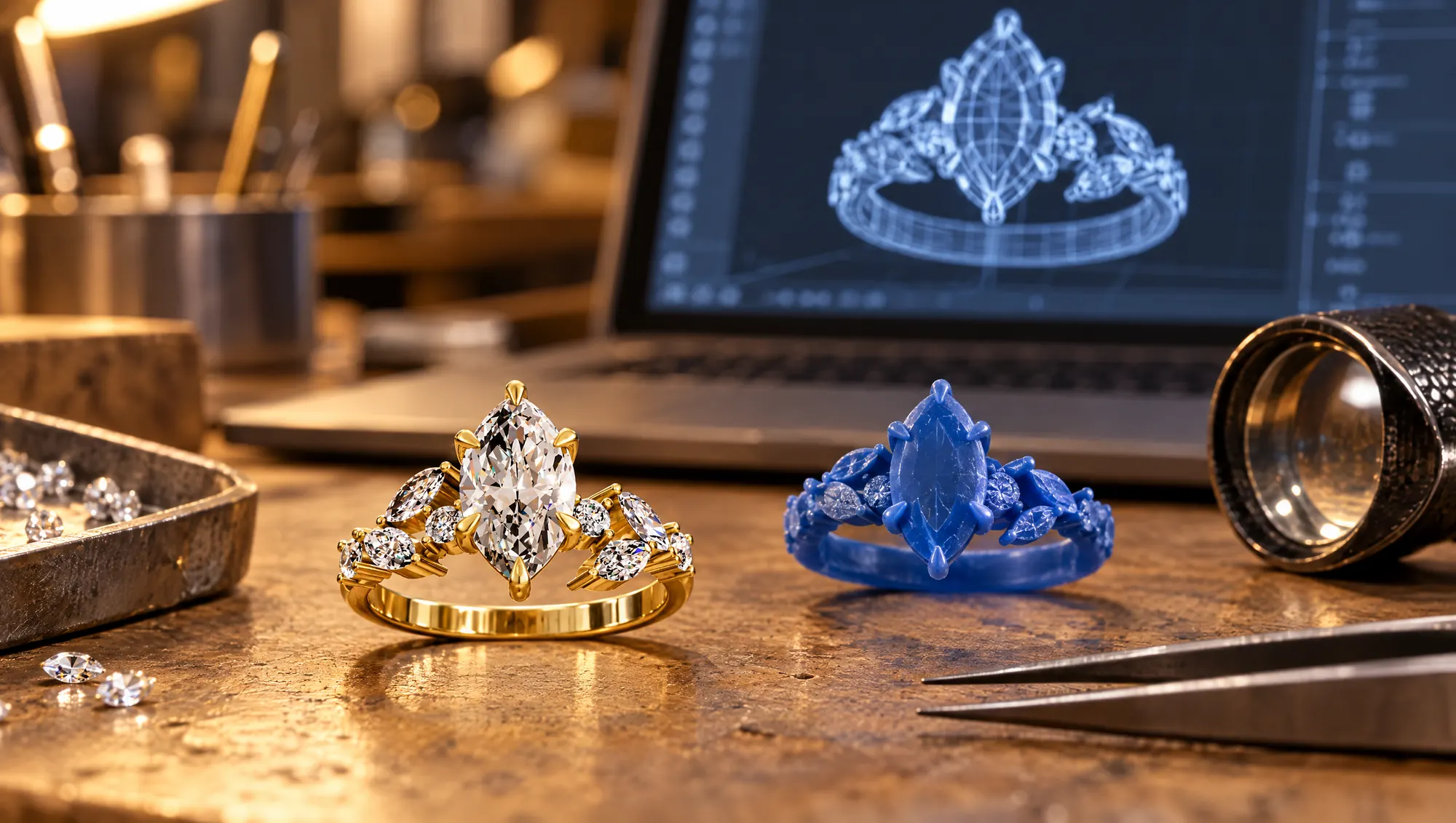 Goldsmith's bench with a finished yellow gold marquise diamond ring, a blue wax ring model, a loupe, tweezers and a laptop showing a 3D wireframe of a ring