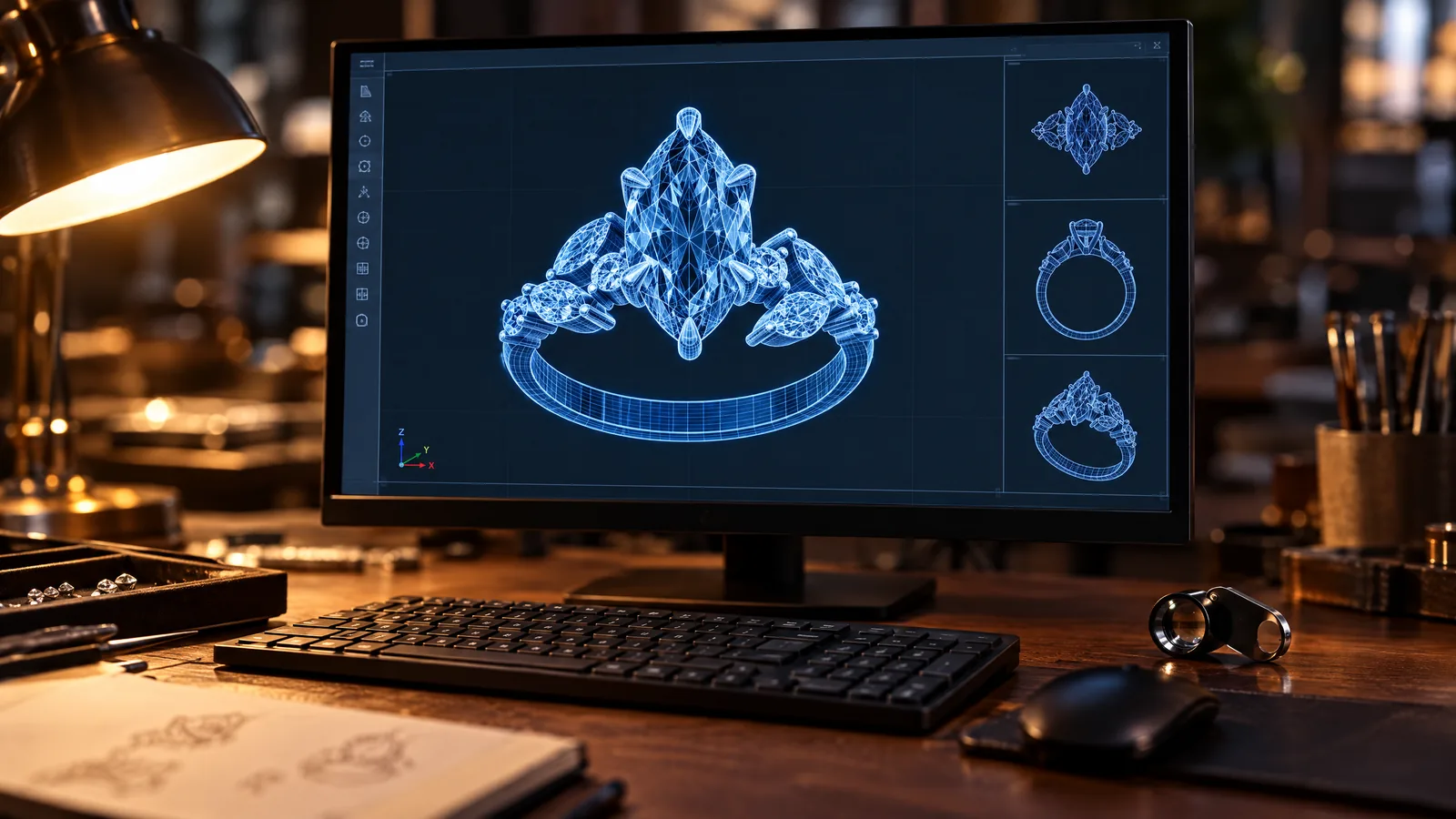A jeweller's monitor in a dim workshop showing a glowing blue 3D wireframe of a marquise diamond ring with small leaf-shaped stones, a keyboard and a loupe beside it