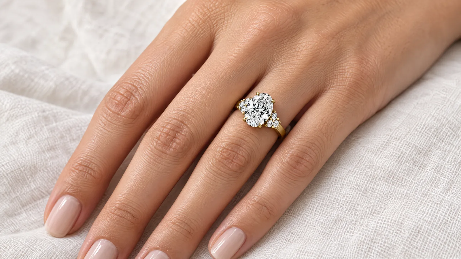 A woman's hand resting on pale linen, wearing a yellow gold oval diamond ring with three small diamonds on each side of the centre stone