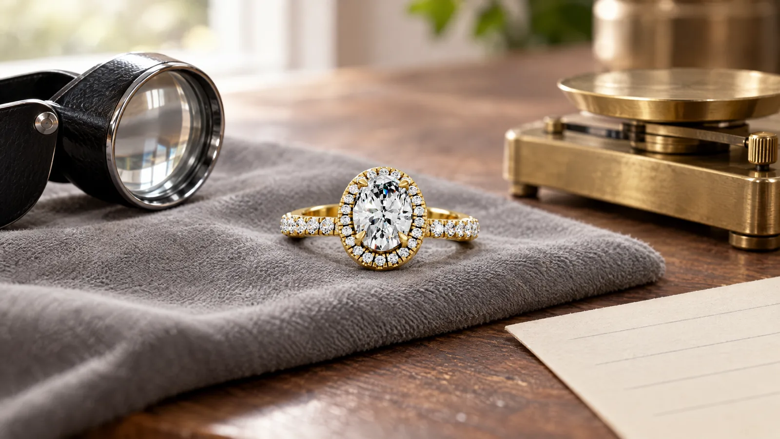 A yellow gold oval halo diamond ring on a grey cloth on a jeweller's desk beside a loupe, a small brass scale and a blank ruled slip of paper