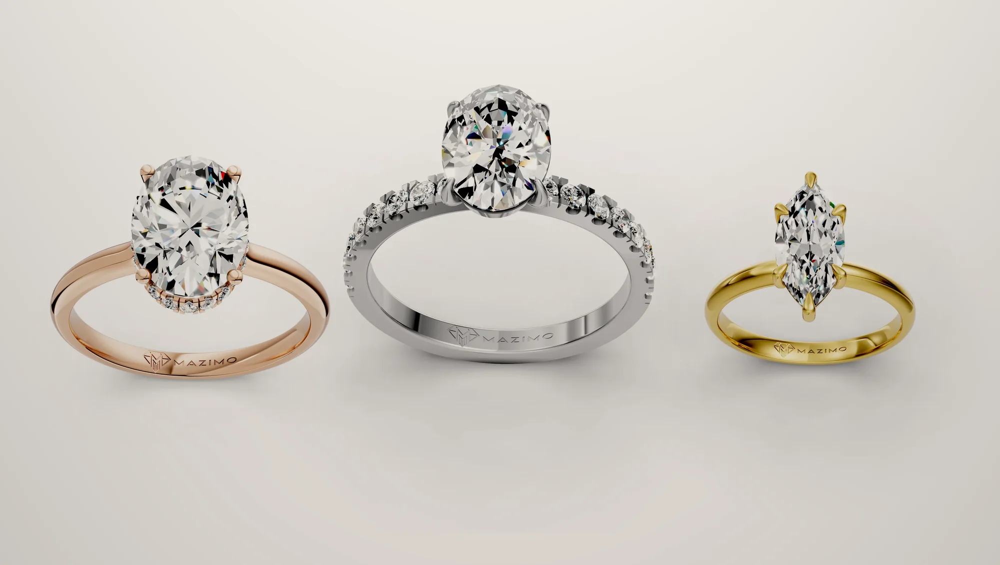 ثلاثة خواتم ألماس من مازيمو بالذهب الأبيض والأصفر والوردي: Oval Hidden Halo Solitaire Ring وOval Pavé Solitaire Ring وMarquise Solitaire Ring