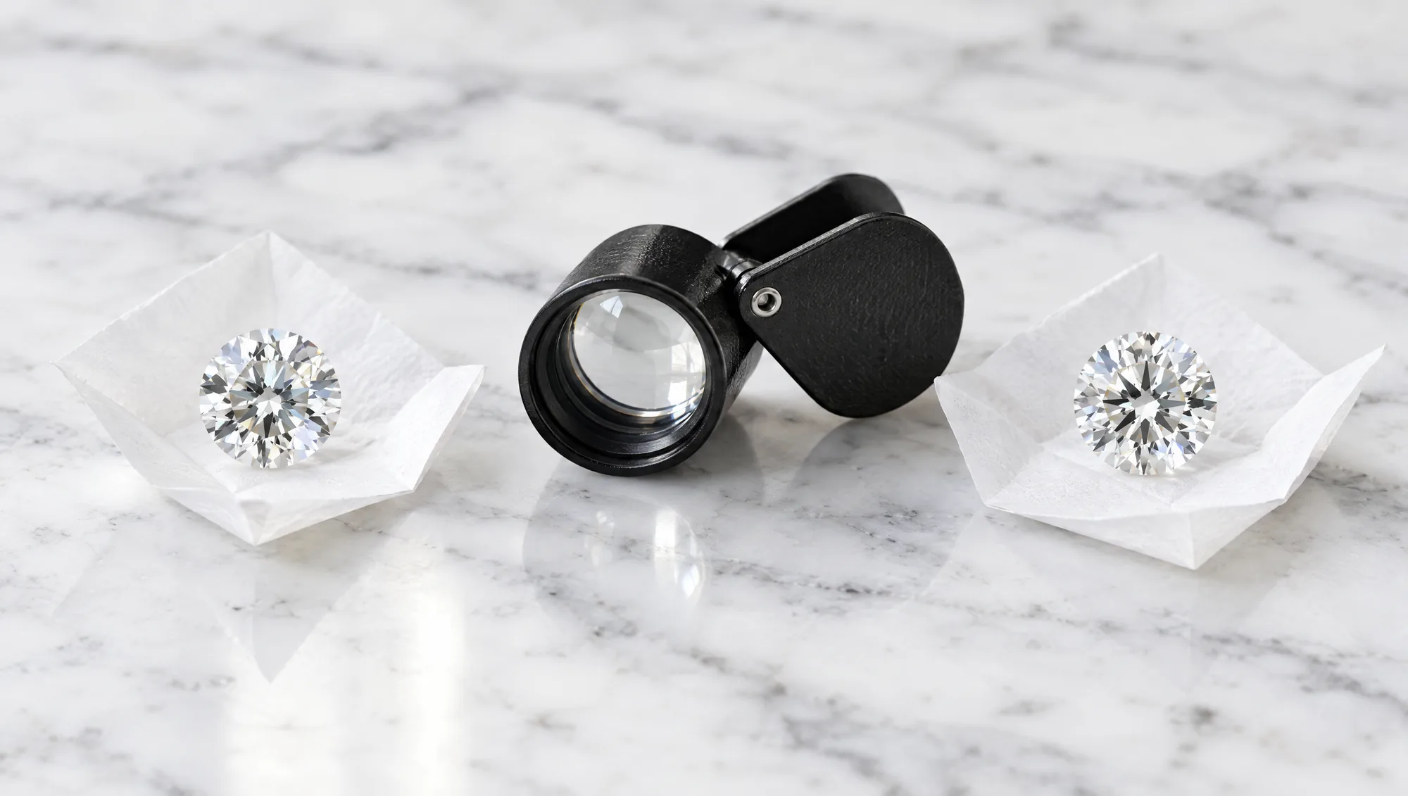 Two loose round diamonds on white paper parcels either side of a jeweller's loupe on white marble