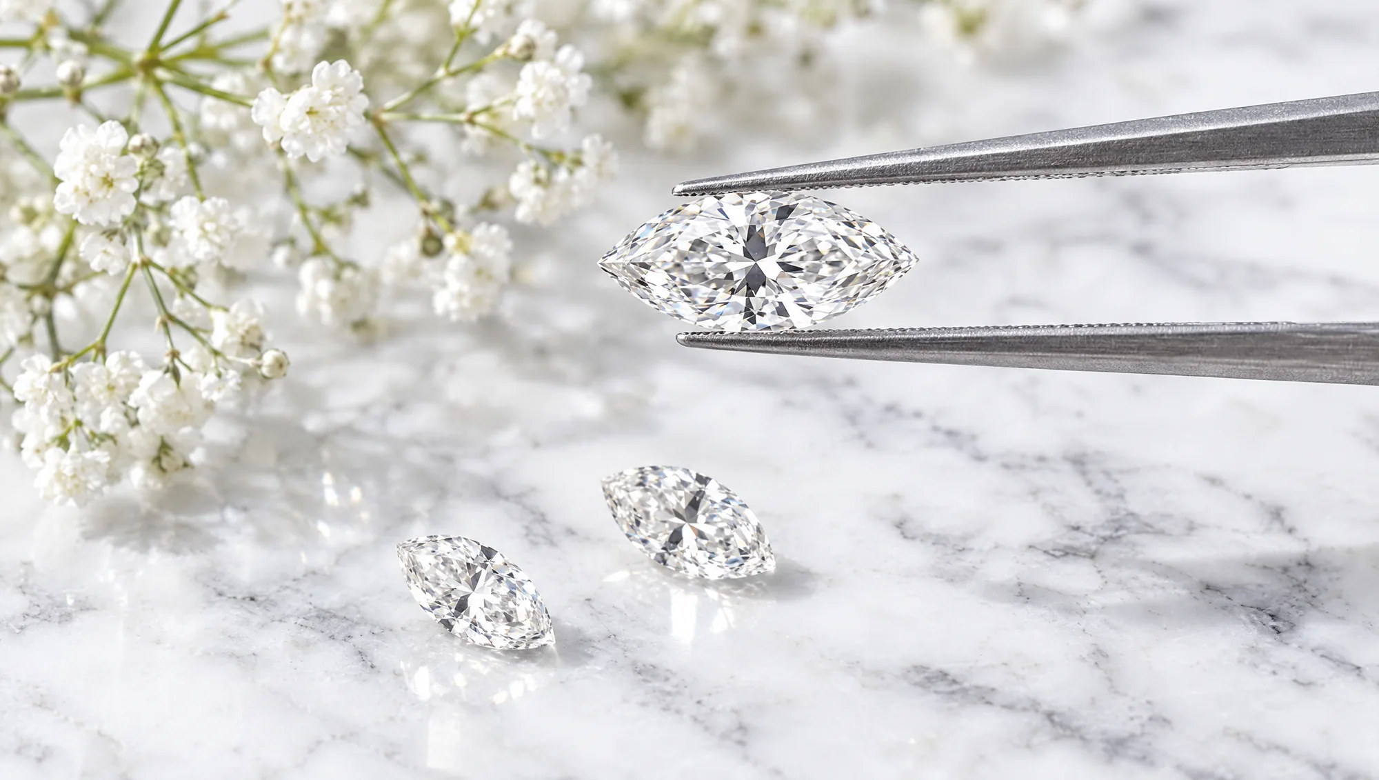 A loose marquise diamond held in steel tweezers above two smaller marquise diamonds on white marble