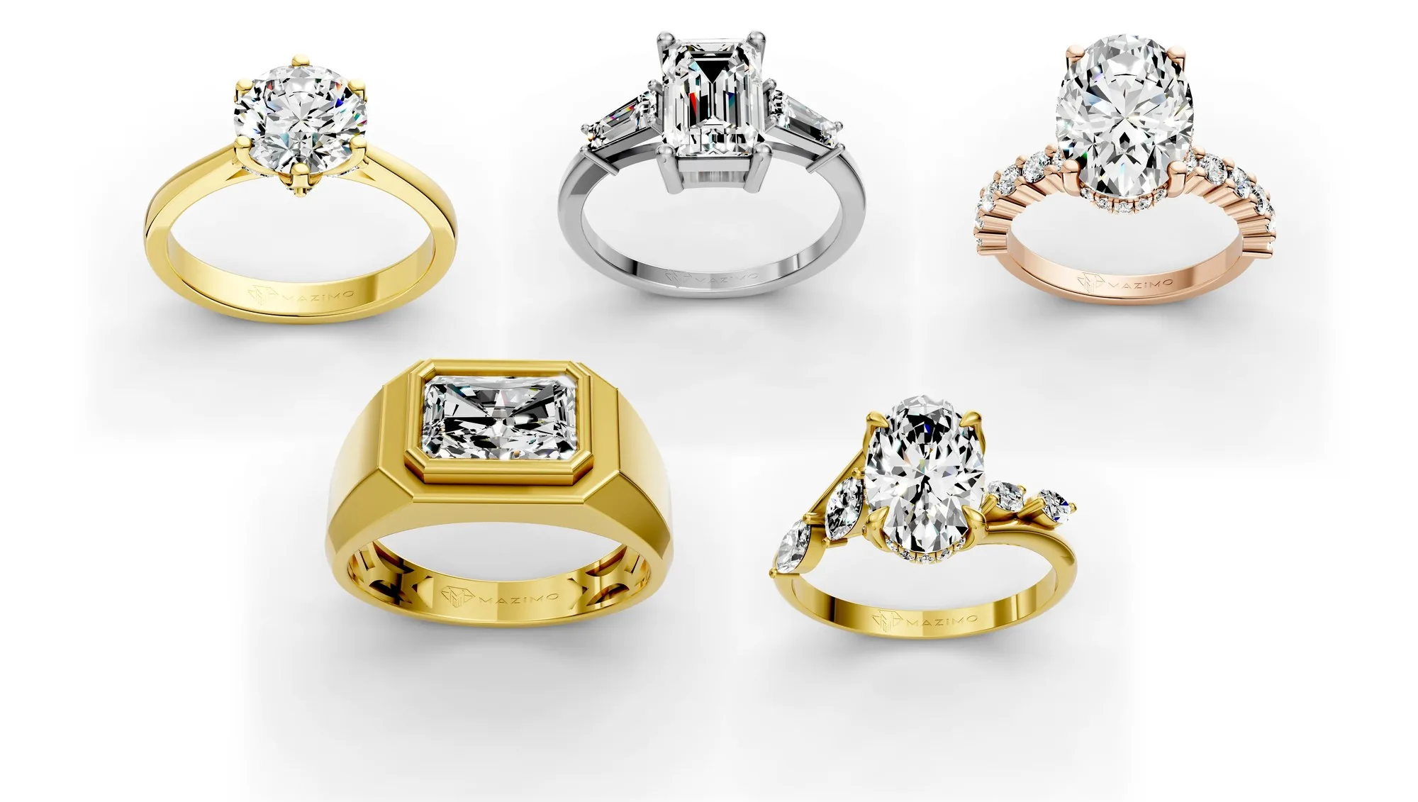 Renders of five new diamond rings: six claw round, emerald and baguette, rose gold oval, radiant signet and oval bypass
