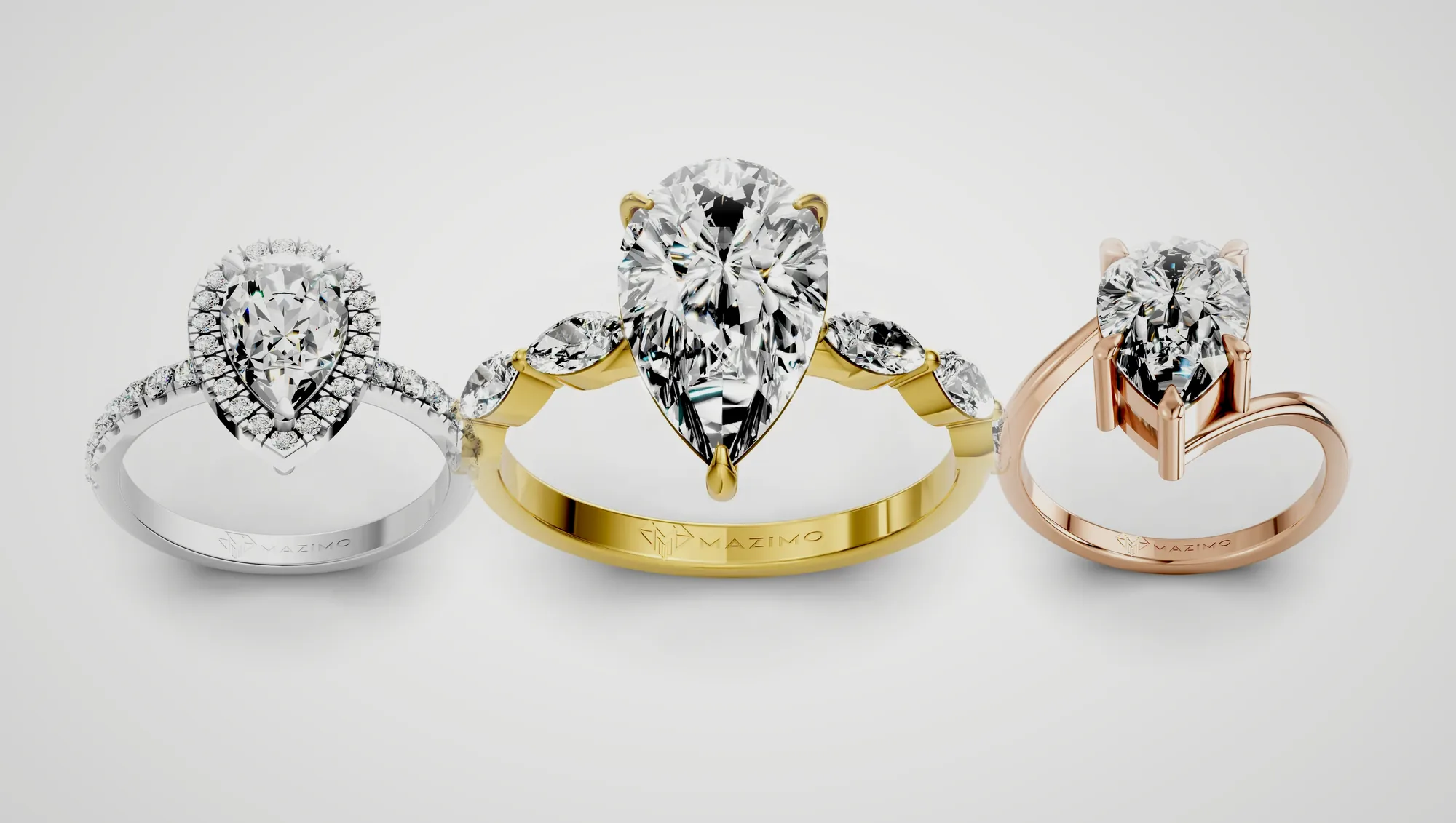 Three Mazimo diamond rings in white, yellow and rose gold: Pear Halo Pavé Ring, Pear Marquise Shoulders Ring and Pear Bypass Solitaire Ring