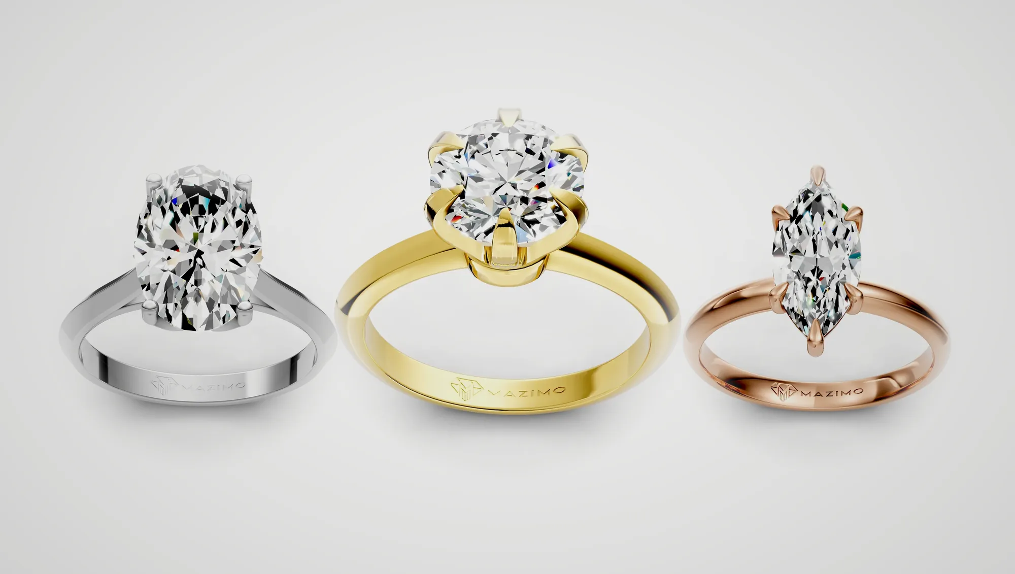 Three Mazimo diamond rings in white, yellow and rose gold: Oval Solitaire Ring, 3.5 ct, Round Solitaire Ring, 2 ct and Marquise Solitaire Ring