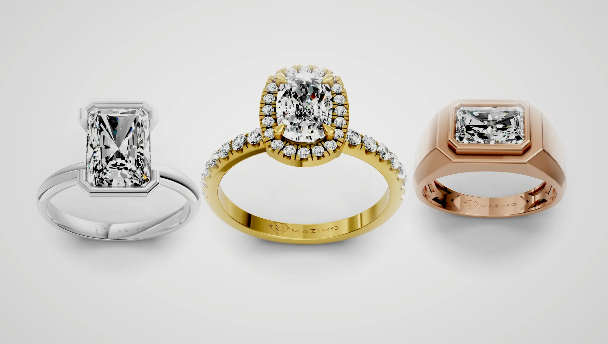 Three Mazimo diamond rings in white, yellow and rose gold: Radiant Bezel Solitaire Ring, Cushion Halo Pavé Ring and Radiant Signet Ring