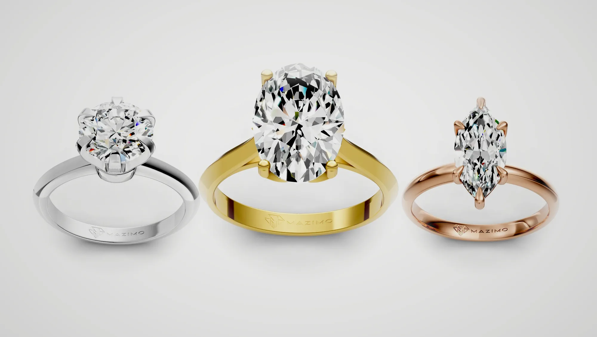 Three Mazimo diamond rings in white, yellow and rose gold: Round Solitaire Ring, 2 ct, Oval Solitaire Ring, 3.5 ct and Marquise Solitaire Ring
