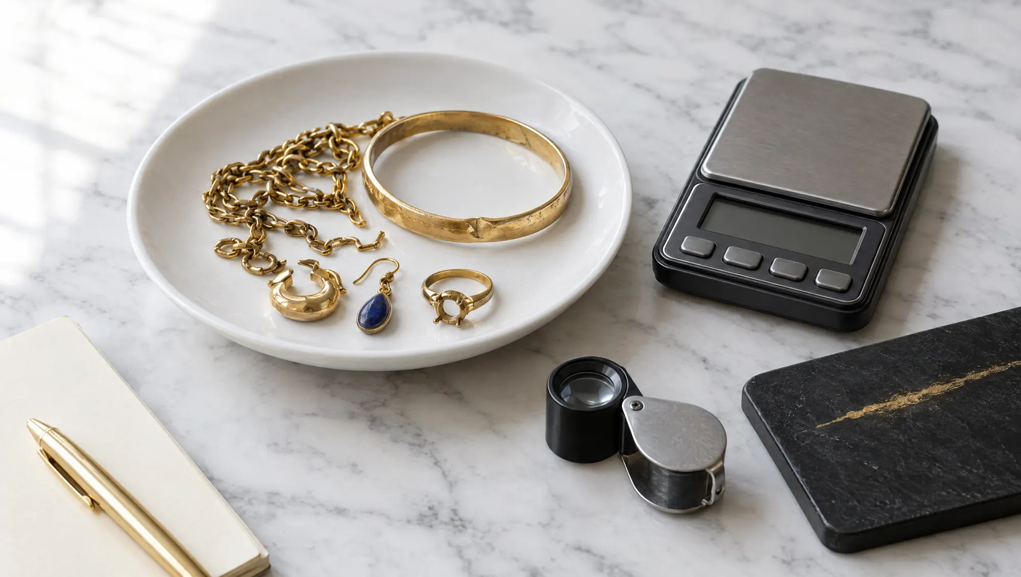 Old gold jewellery in a white dish beside a digital scale, a loupe, a touchstone and a notepad with a gold pen on marble