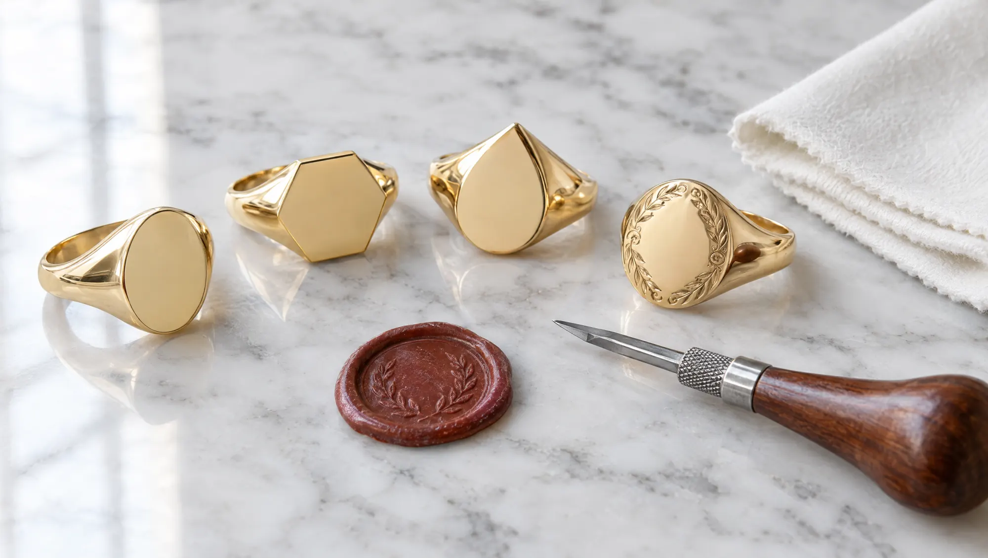Four gold signet rings with oval, hexagon, pear and engraved leaf-border faces beside a wax seal, a graver and a white cloth