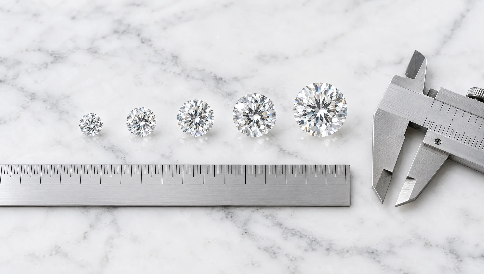 Five loose round diamonds rising in size beside a steel millimetre ruler and a vernier gauge