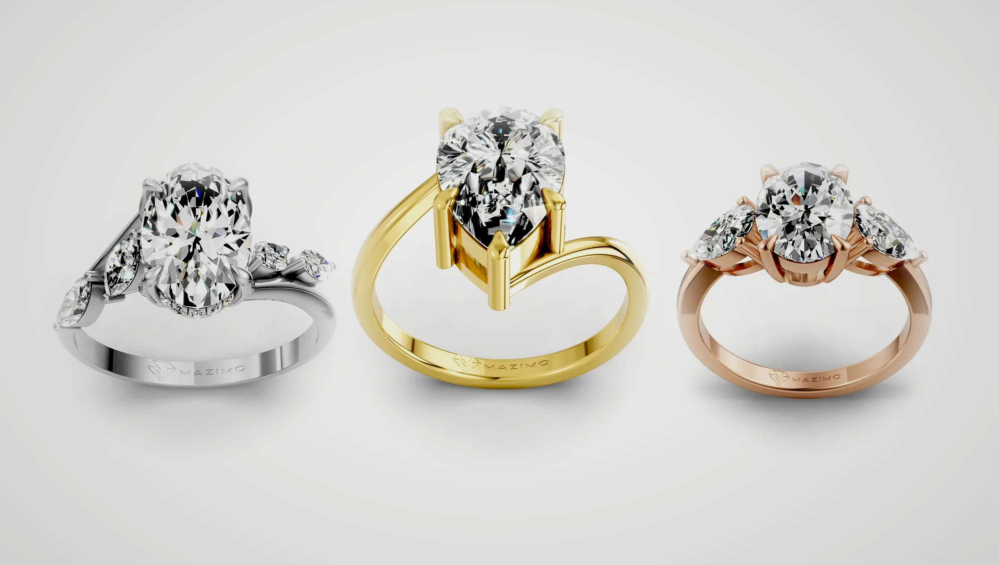 Three Mazimo diamond rings in white, yellow and rose gold: Oval Marquise Bypass Ring, Pear Bypass Solitaire Ring and Oval and Pear Three Stone Ring