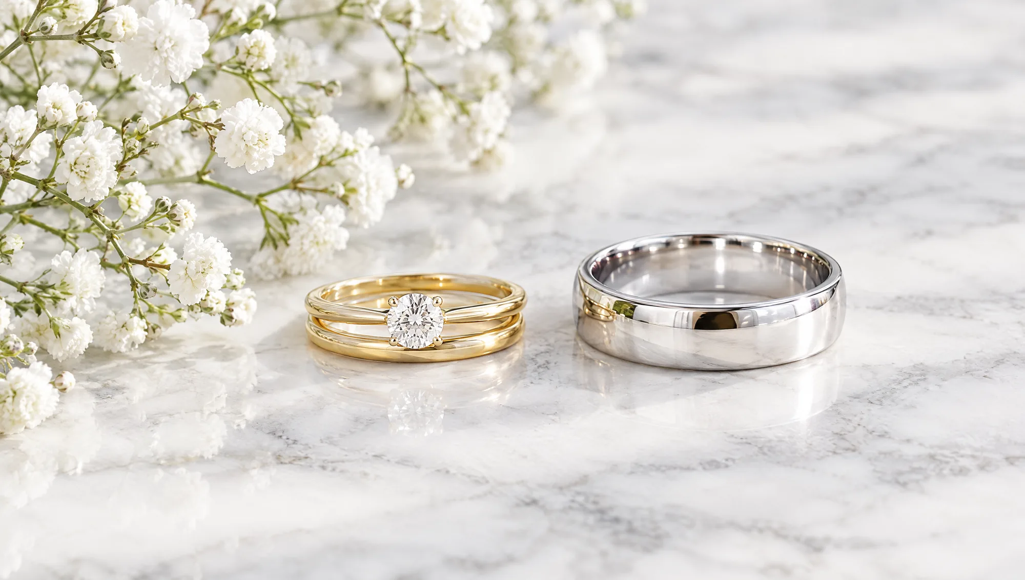 A yellow gold solitaire stacked on a matching wedding band beside a wider white gold men's band