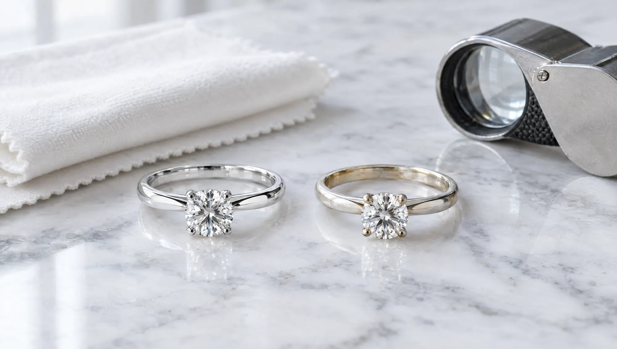 Two white gold diamond solitaire rings on marble, one bright white and one worn with a yellow tint, beside a cloth and loupe