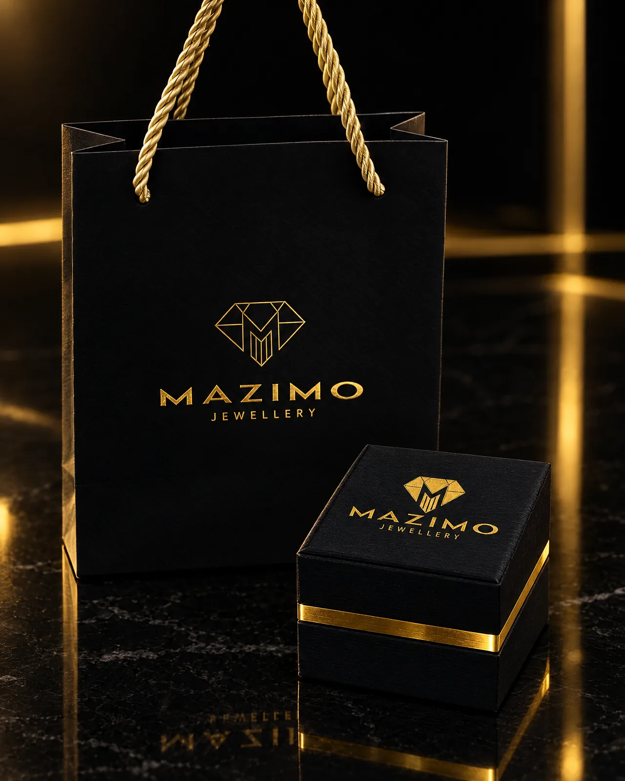 A black Mazimo Jewellery gift bag with gold rope handles beside a black ring box with a gold band, on black stone