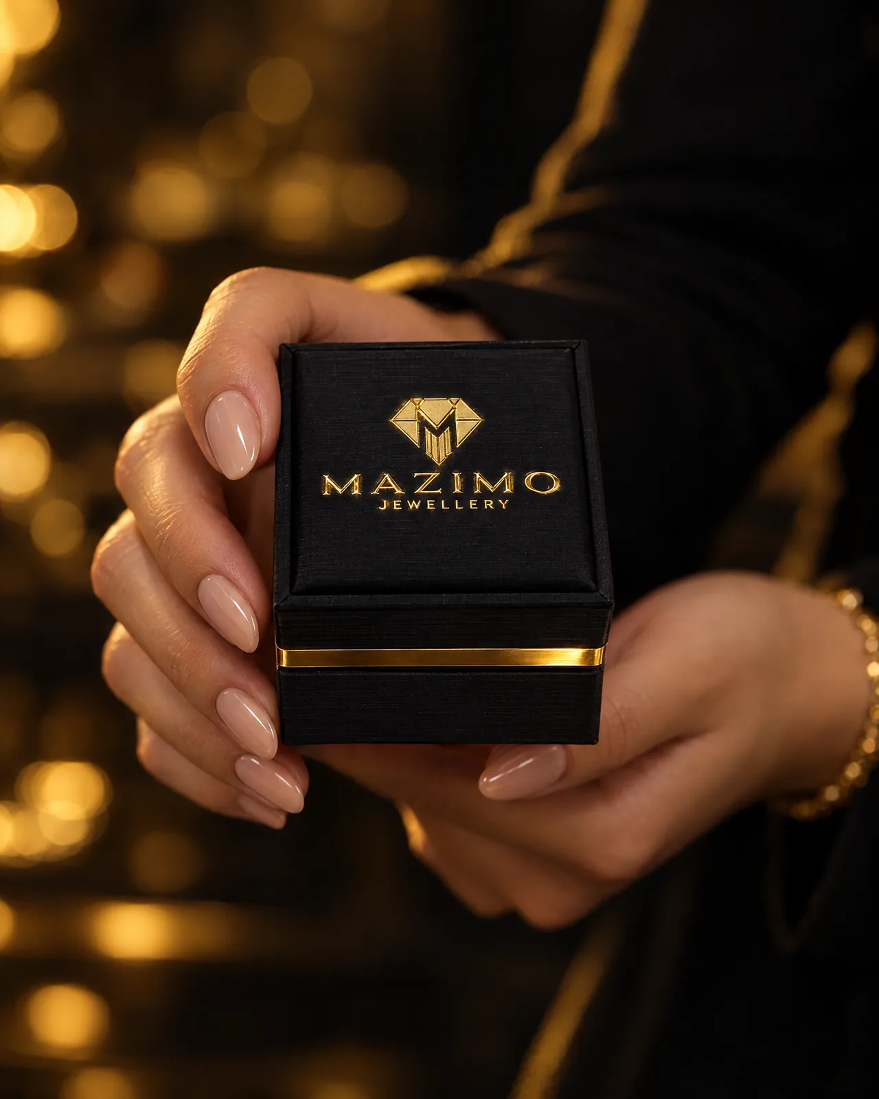 Two hands holding the closed black Mazimo ring box, a gold band around its lid and the gold logo on top