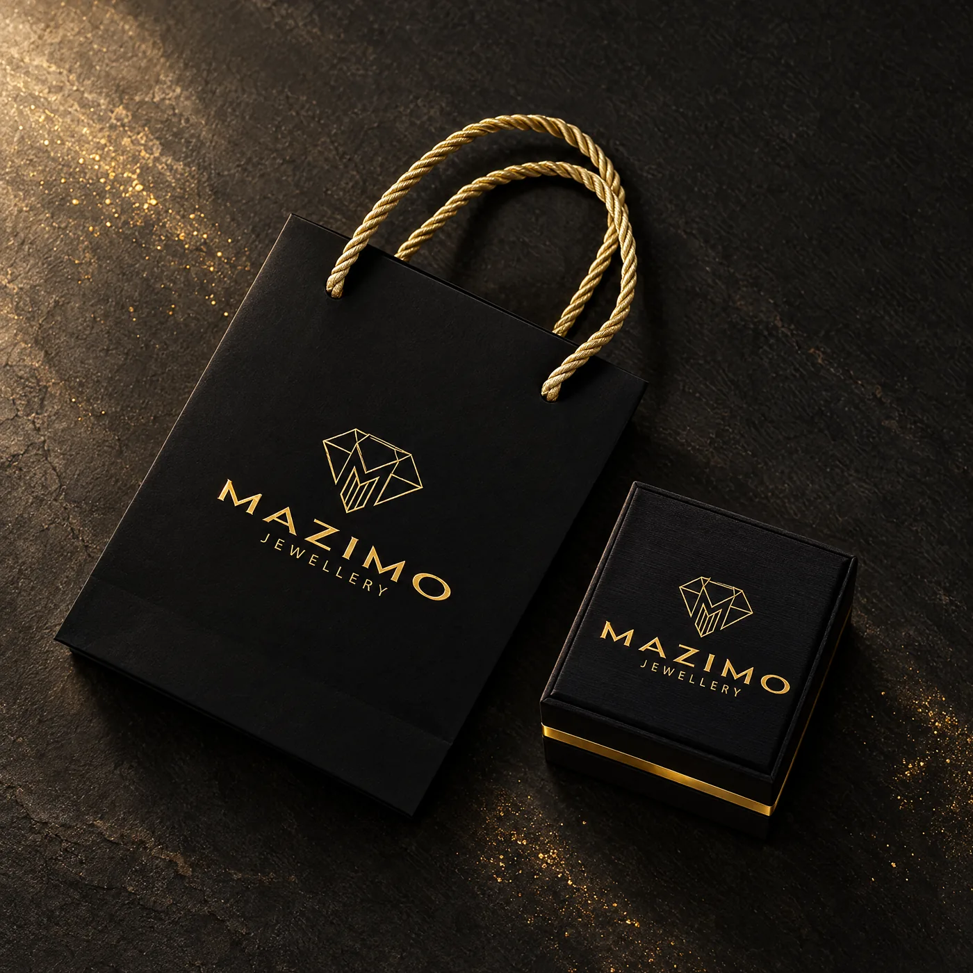 The black Mazimo gift bag lying beside the closed black ring box with its gold band, seen from above