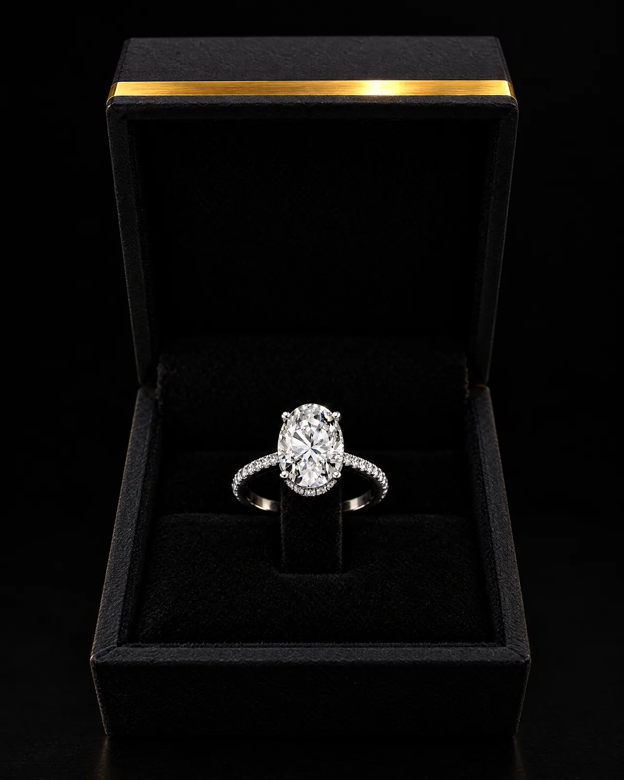 An oval diamond ring in an open black Mazimo ring box with a gold band on the lid
