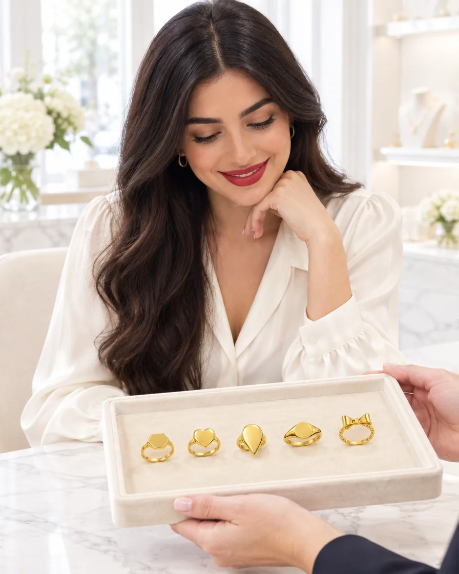 A private consultation at the Mazimo boutique with a tray of signet rings