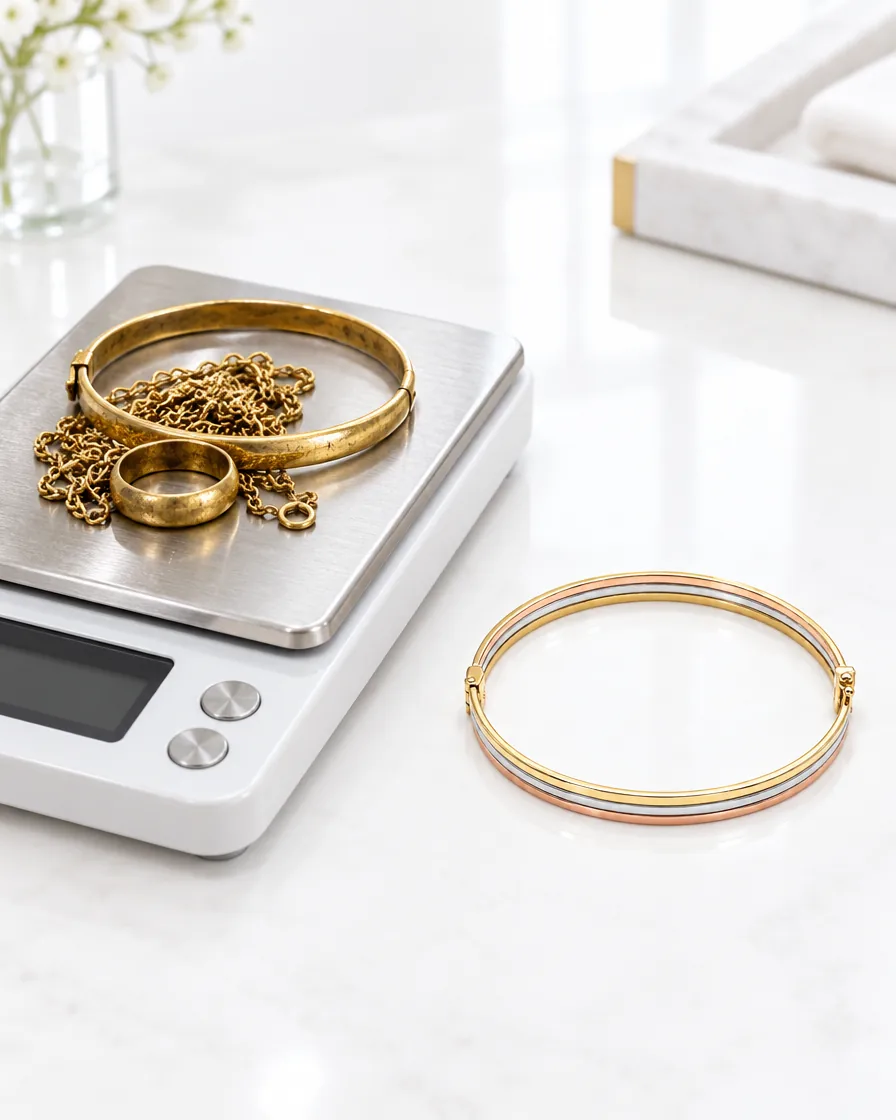 Old gold on the boutique scale beside a new Mazimo bangle